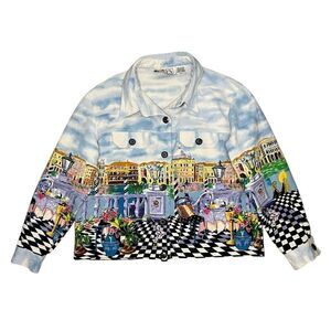 Vintage Keren Hart Women’s Small Denim Jacket Colorful Scenery Cotton Artsy